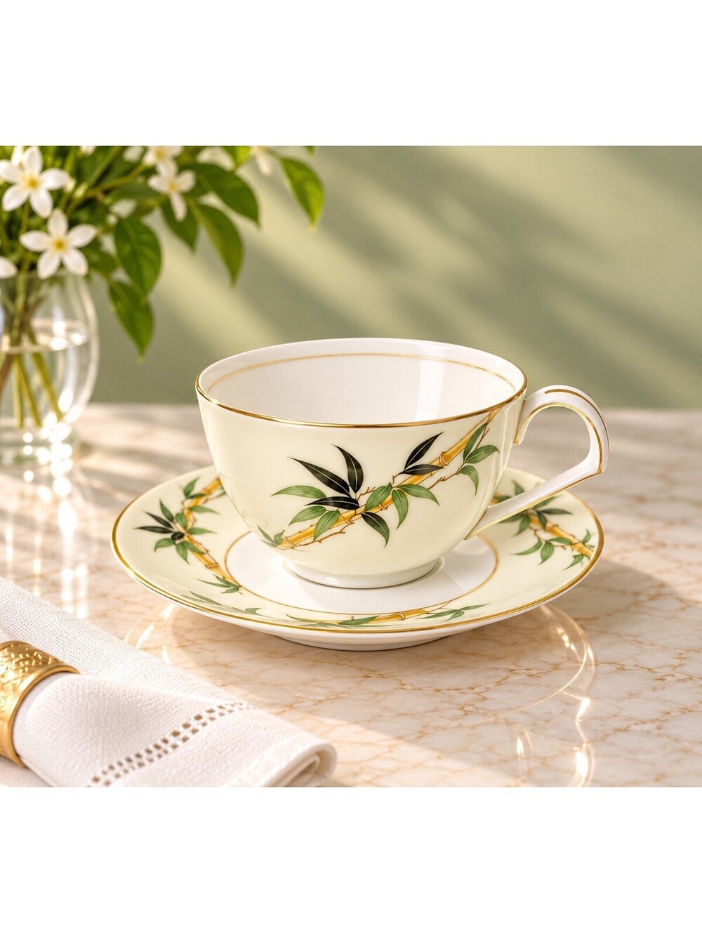 Kent China Japan 1950s Set Of 12 Cups Saucers Bali Hai Bamboo Gold